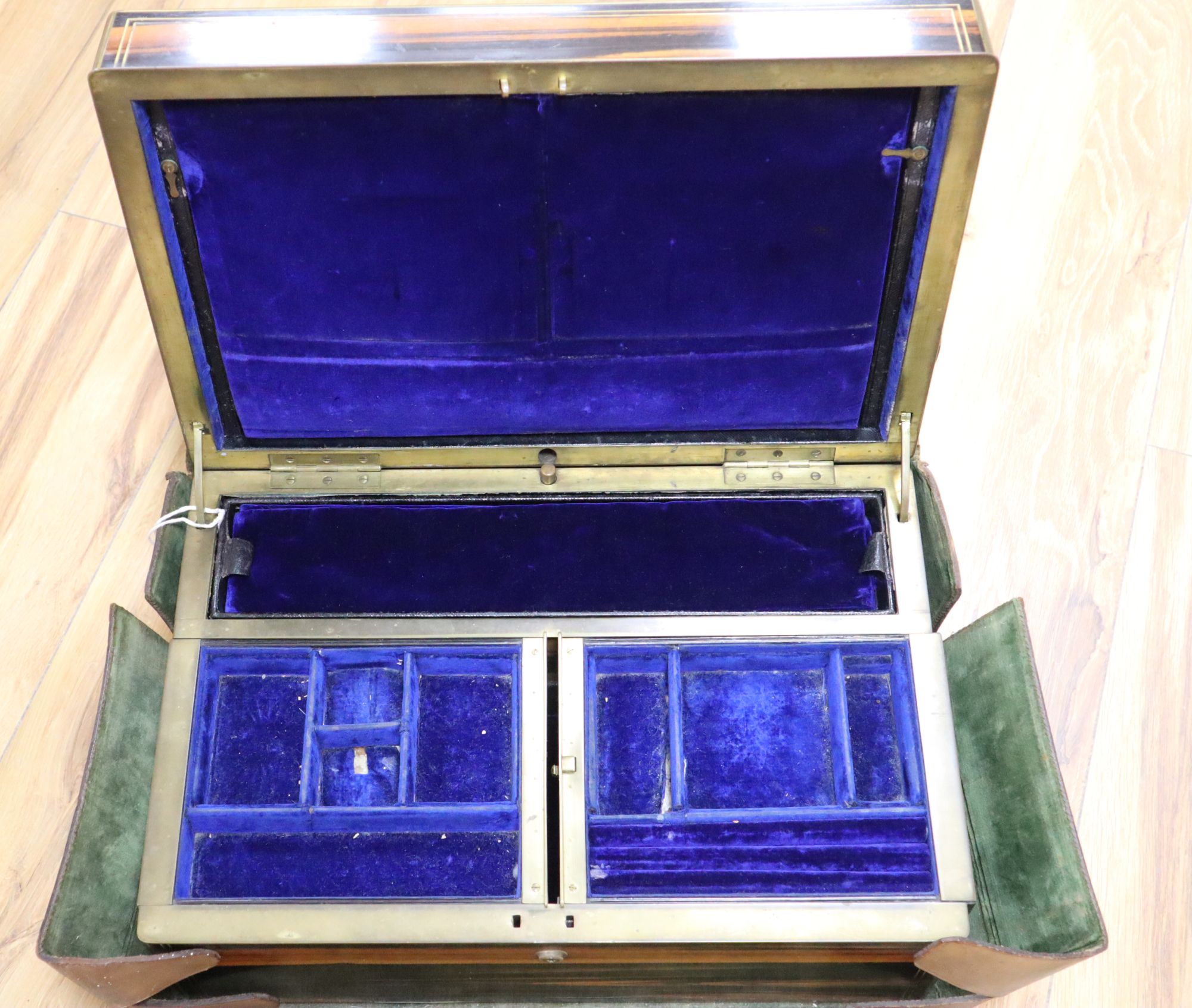 A Victorian calamander and brass-mounted inlaid jewellery box, width 42cm height 18cm